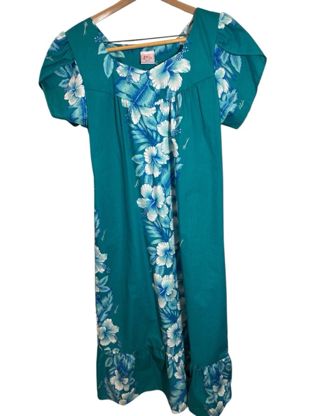 VTG 80's Kalena Fashions Hawaii Size XL House Dress Muumuu Blue Green Floral
